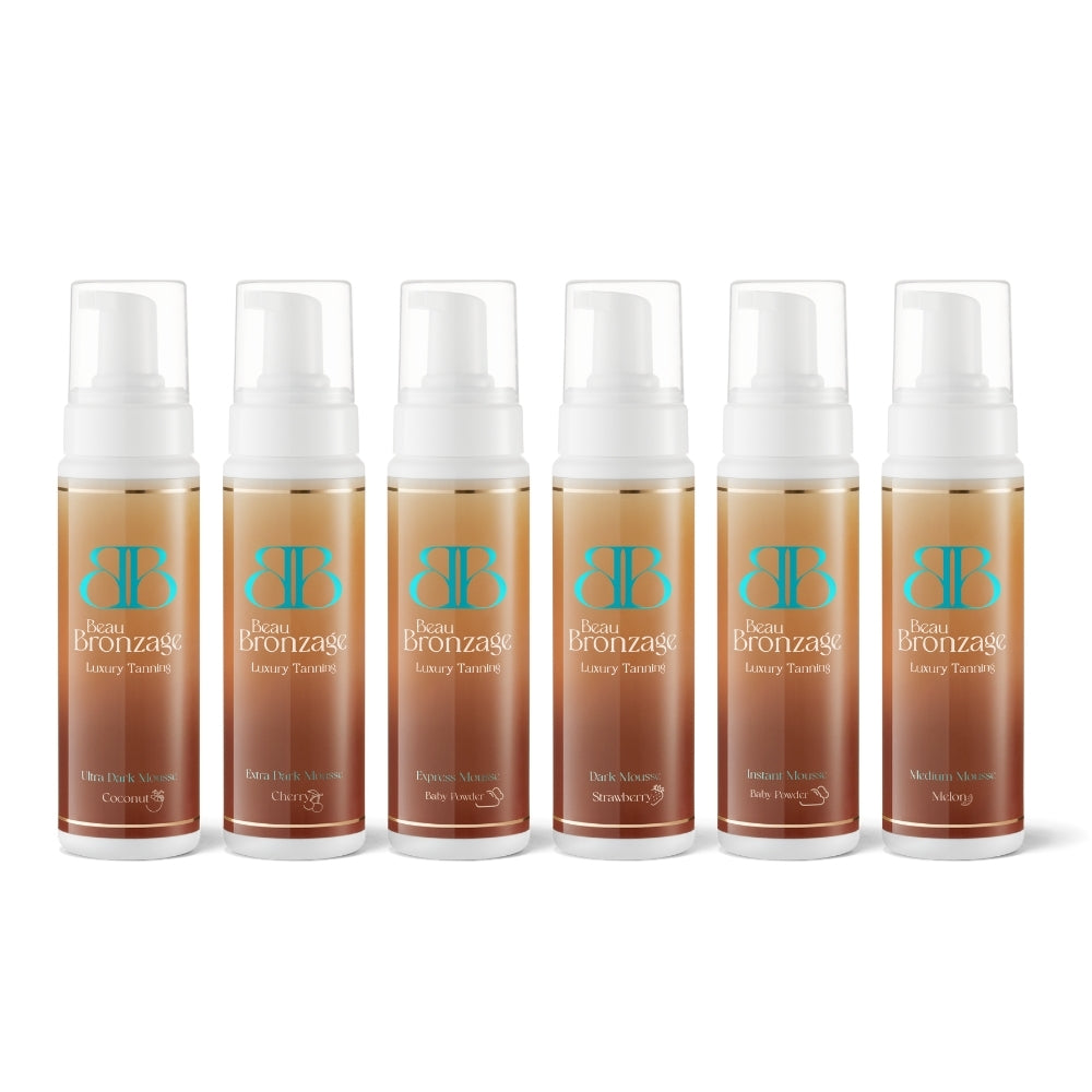 The full shade range of Beau Bronzage 200ml tanning mousses, in shades Instant, Express, Medium, Dark, Extra Dark and Ultra Dark