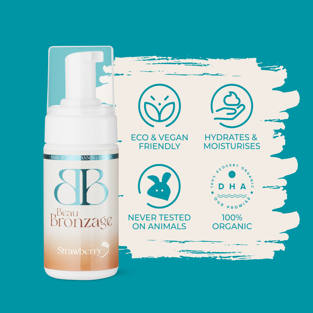 Beau Bronzage 100ml travel sized tanning mousse next to icons showing that the product is eco and vegan friendly, hydrates and moisturises, used 100 percent organic DHA, and is never tested on animals