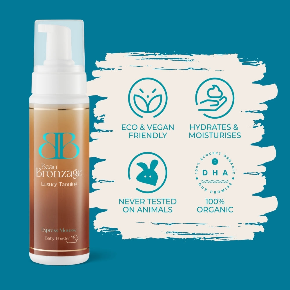 Beau Bronzage Tanning Mousse 200ml in Express shade next to icons showing that the product is eco and vegan friendly, hydrates and moisturises, used 100 percent organic DHA, and is never tested on animals