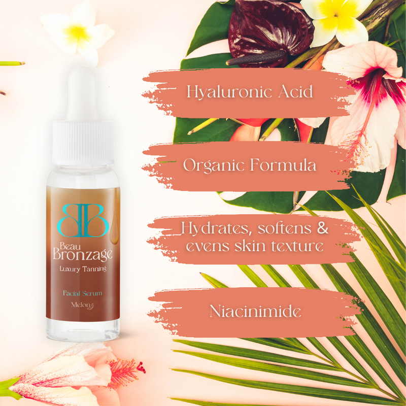 Beau Bronzage Face Drops with Hyaluronic Acid and niacinimide, hydrates and evens skin texture. Organic formula and melon scented