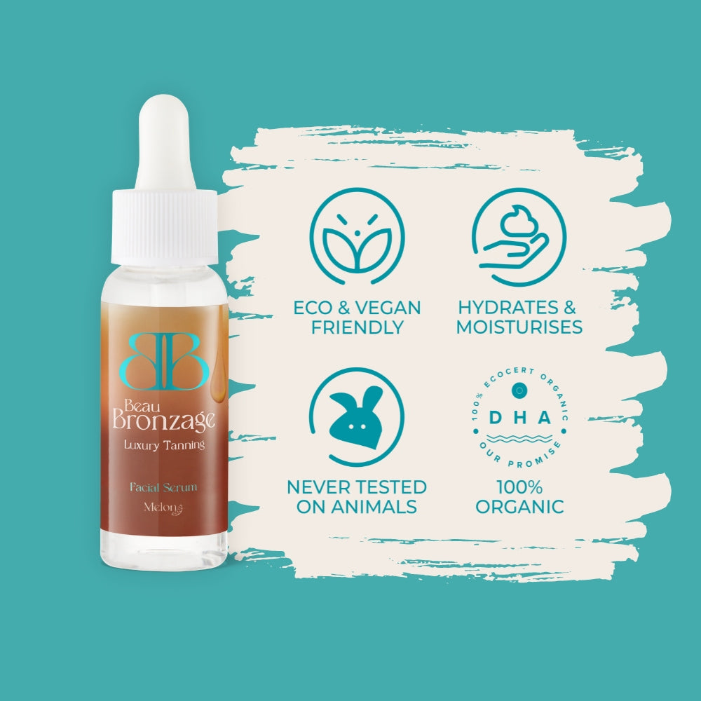 Beau Bronzage Face Drops with Hyaluronic Acid next to icons showing that the product is eco and vegan friendly, hydrates and moisturises, used 100 percent organic DHA, and is never tested on animals