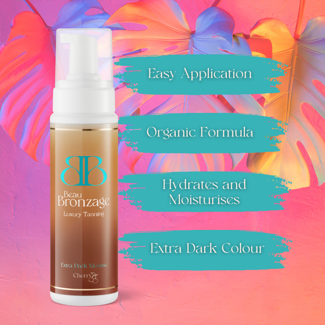 Beau Bronzage Tanning Mousse 200ml in Extra Dark shade, easy application, organic formula, hydrates and moisturises, leaving a deep and natural colour