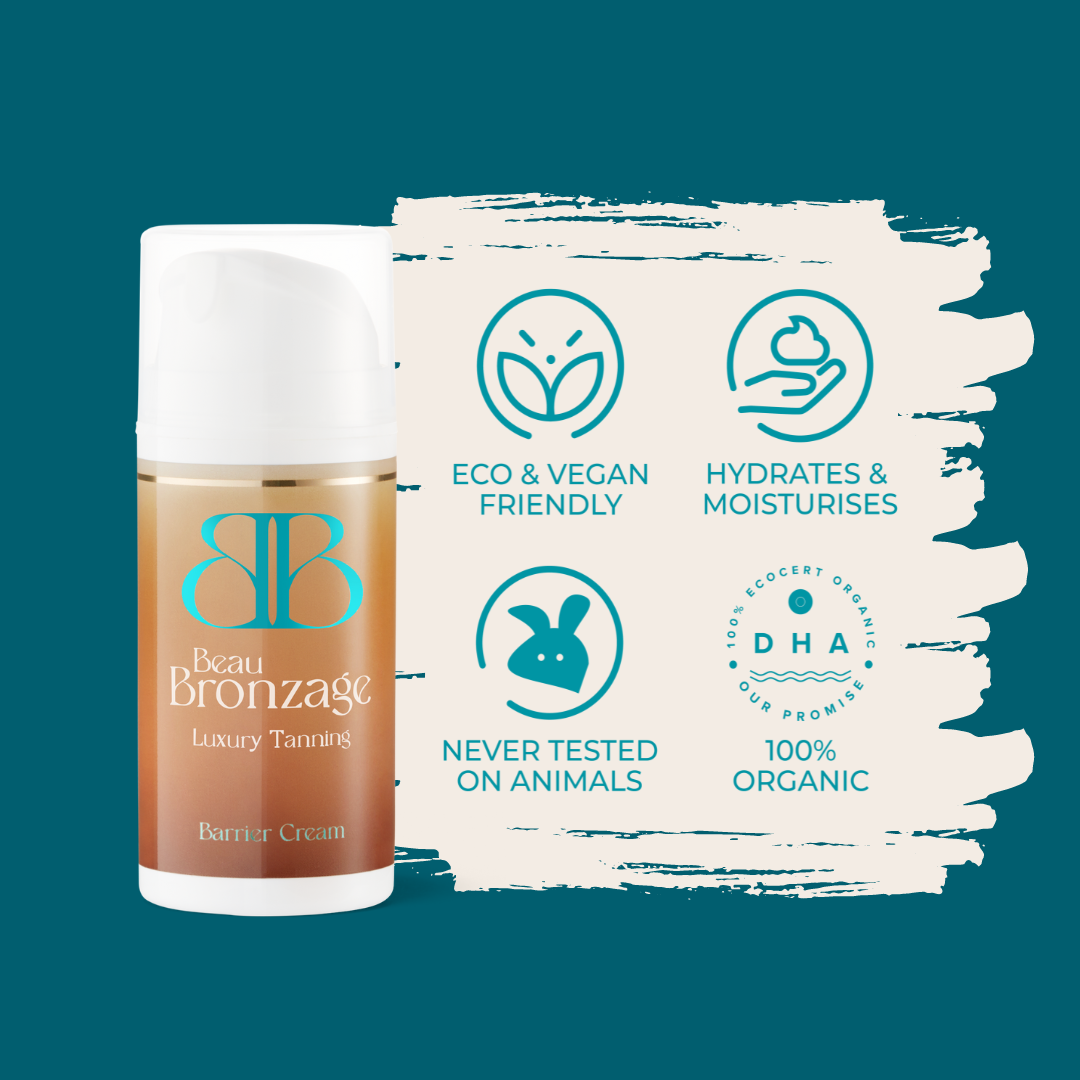 Beau Bronzage Pre-Tanning Barrier Cream next to icons showing that the product is eco and vegan friendly, hydrates and moisturises, used 100 percent organic DHA, and is never tested on animals