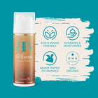 Beau Bronzage Every Day Gradual Tanning Lotion next to icons showing that the product is eco and vegan friendly, hydrates and moisturises, used 100 percent organic DHA, and is never tested on animals