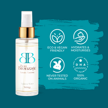 Beau Bronzage Tanning Water next to icons showing that the product is eco and vegan friendly, hydrates and moisturises, used 100 percent organic DHA, and is never tested on animals