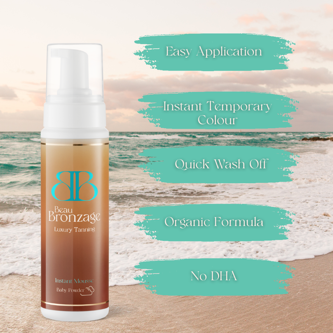 Beau Bronzage 200ml Luxury Tanning Mousse in Instant shade - easy application, instant temporary colour that washes off in the shower. Organic formula with no DHA