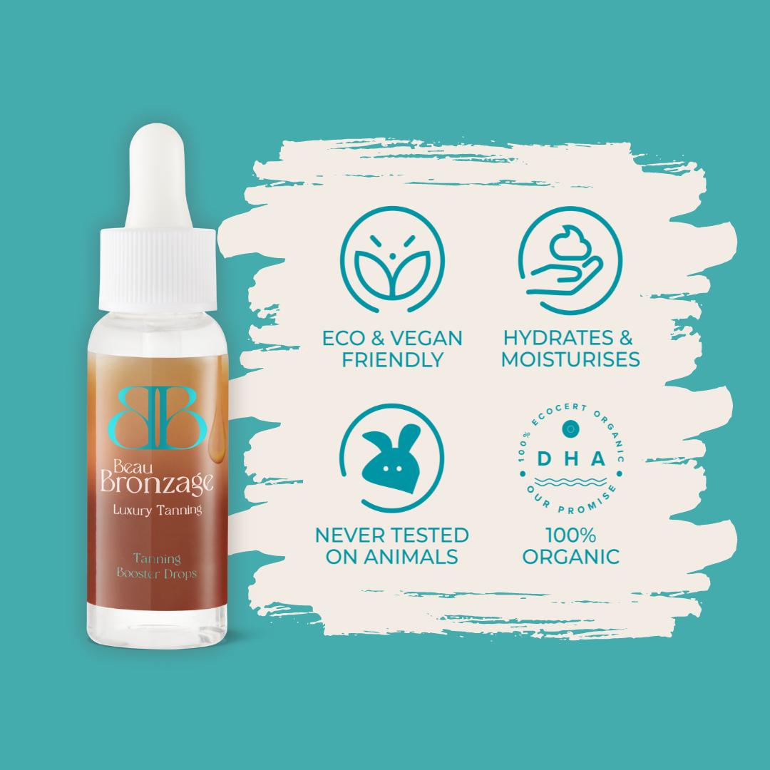 Beau Bronzage Tanning Bronzing Drops next to icons showing that the product is eco and vegan friendly, hydrates and moisturises, used 100 percent organic DHA, and is never tested on animals