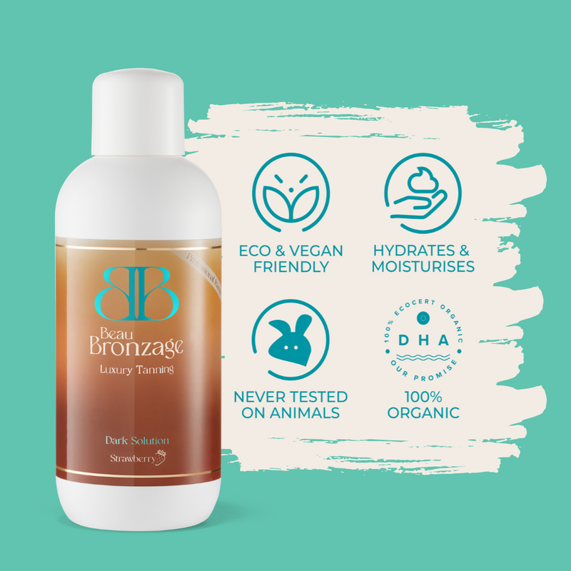 Beau Bronzage Professional Spray Tan Solution in Dark shade next to icons showing that the product is eco and vegan friendly, hydrates and moisturises, used 100 percent organic DHA, and is never tested on animals