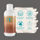 BEau Bronzage Professional Spray Tan Solution in Express next to icons showing that the product is eco and vegan friendly, hydrates and moisturises, used 100 percent organic DHA, and is never tested on animals