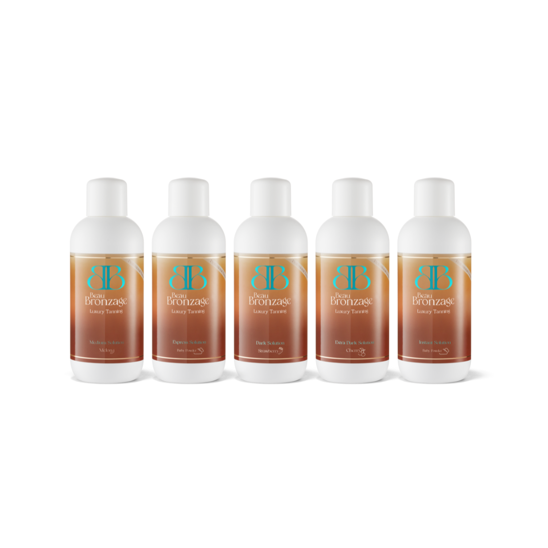 The shade range of Beau Bronzage Professional Spray Tan Solutions, in shades Instant, Express, Medium, Dark, and Extra Dark 