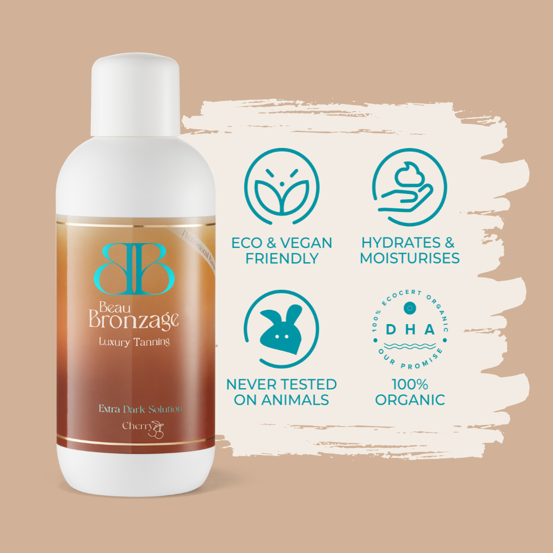 Beau Bronzage Professional Spray Tanning Solution next to icons showing that the product is eco and vegan friendly, hydrates and moisturises, used 100 percent organic DHA, and is never tested on animals