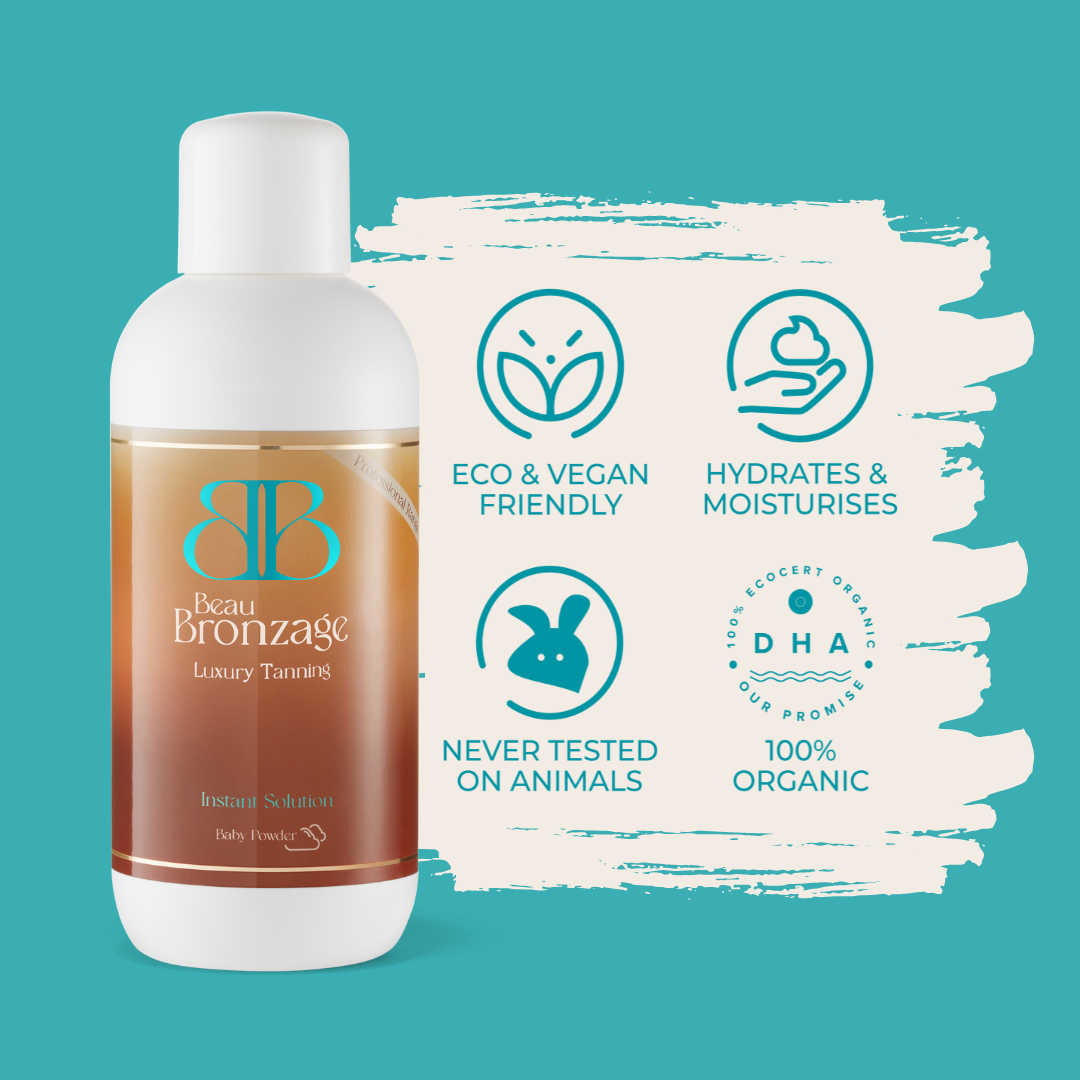 Beau Bronzage Professional Spray Tan Solution in Instant next to icons showing that the product is eco and vegan friendly, hydrates and moisturises, used 100 percent organic DHA, and is never tested on animals