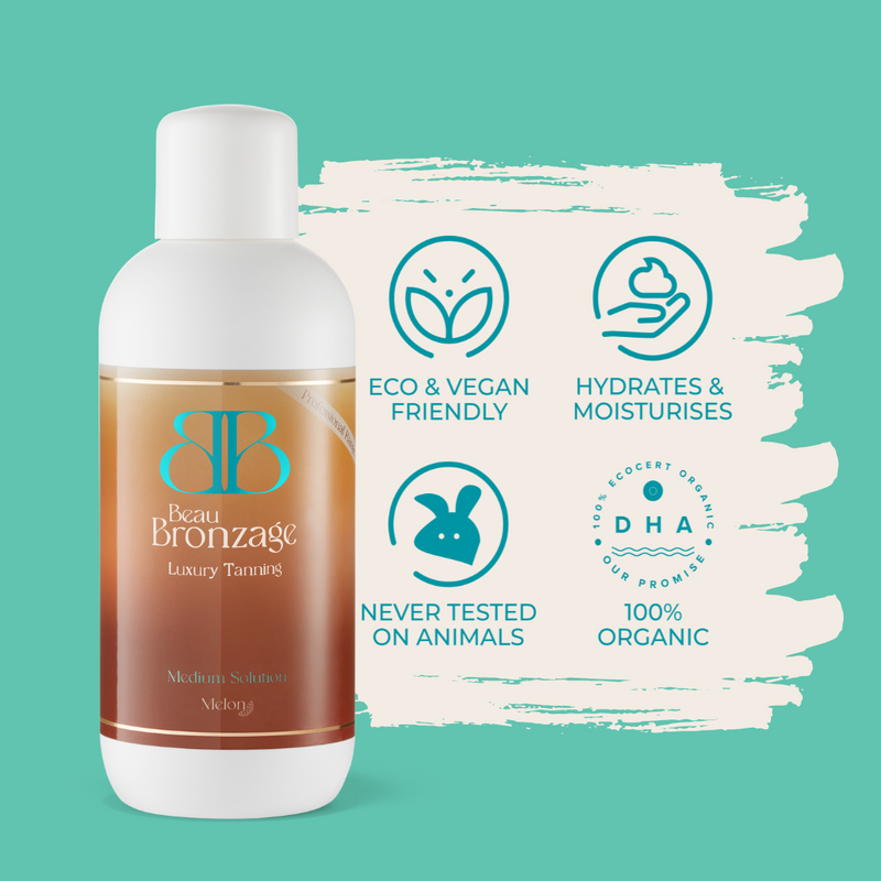 Beau Bronzage Professional spray tan solution in medium next to icons showing that the product is eco and vegan friendly, hydrates and moisturises, used 100 percent organic DHA, and is never tested on animals