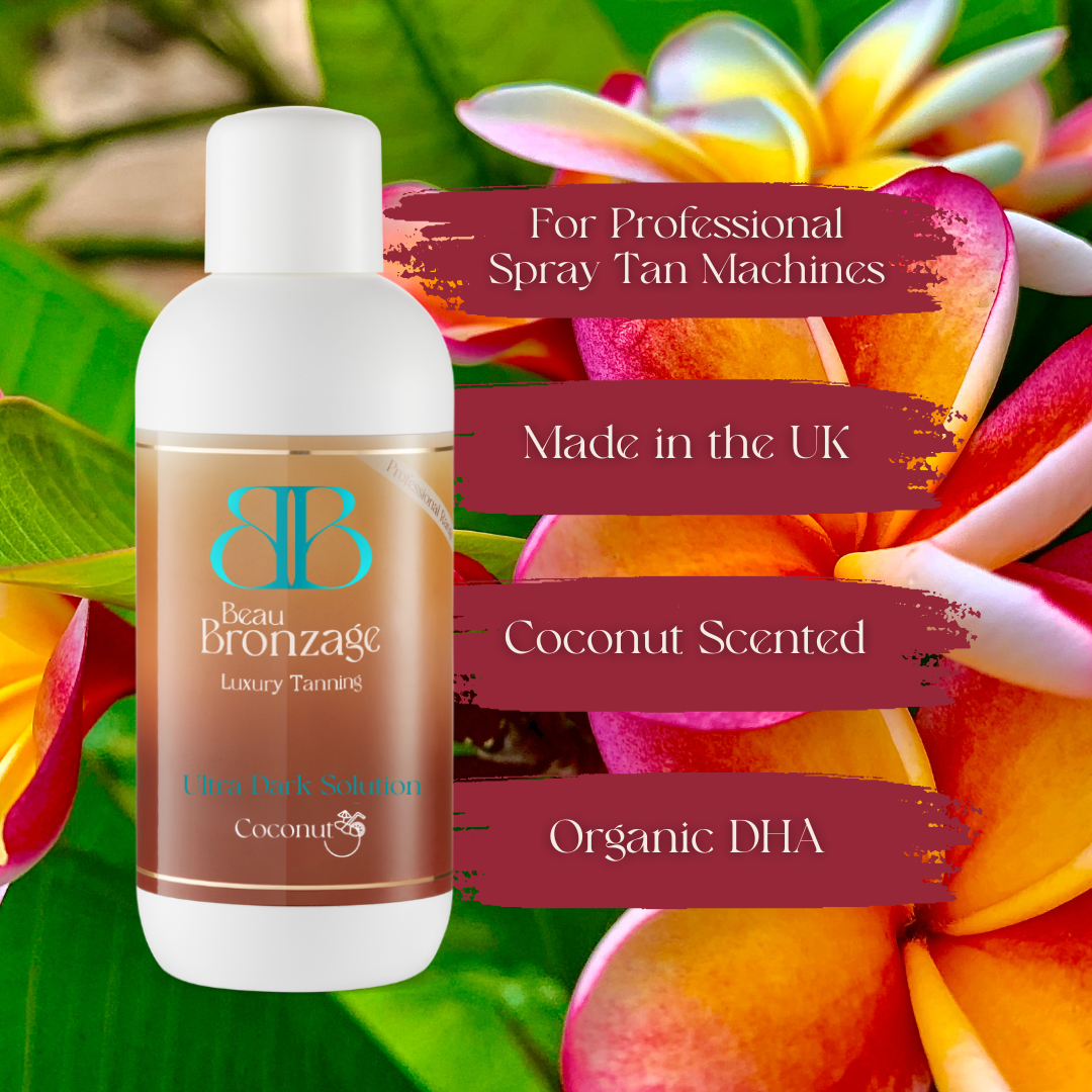 Beau Bronzage 1 litre bottle of Professional Tanning Solution in Ultra Dark, coconut scented, made in the UK for professional tanning machines