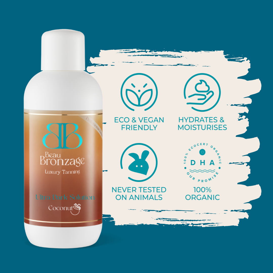 Beau Bronzage Professional Spray Tan Solution in Ultra Dark shade next to icons showing that the product is eco and vegan friendly, hydrates and moisturises, used 100 percent organic DHA, and is never tested on animals