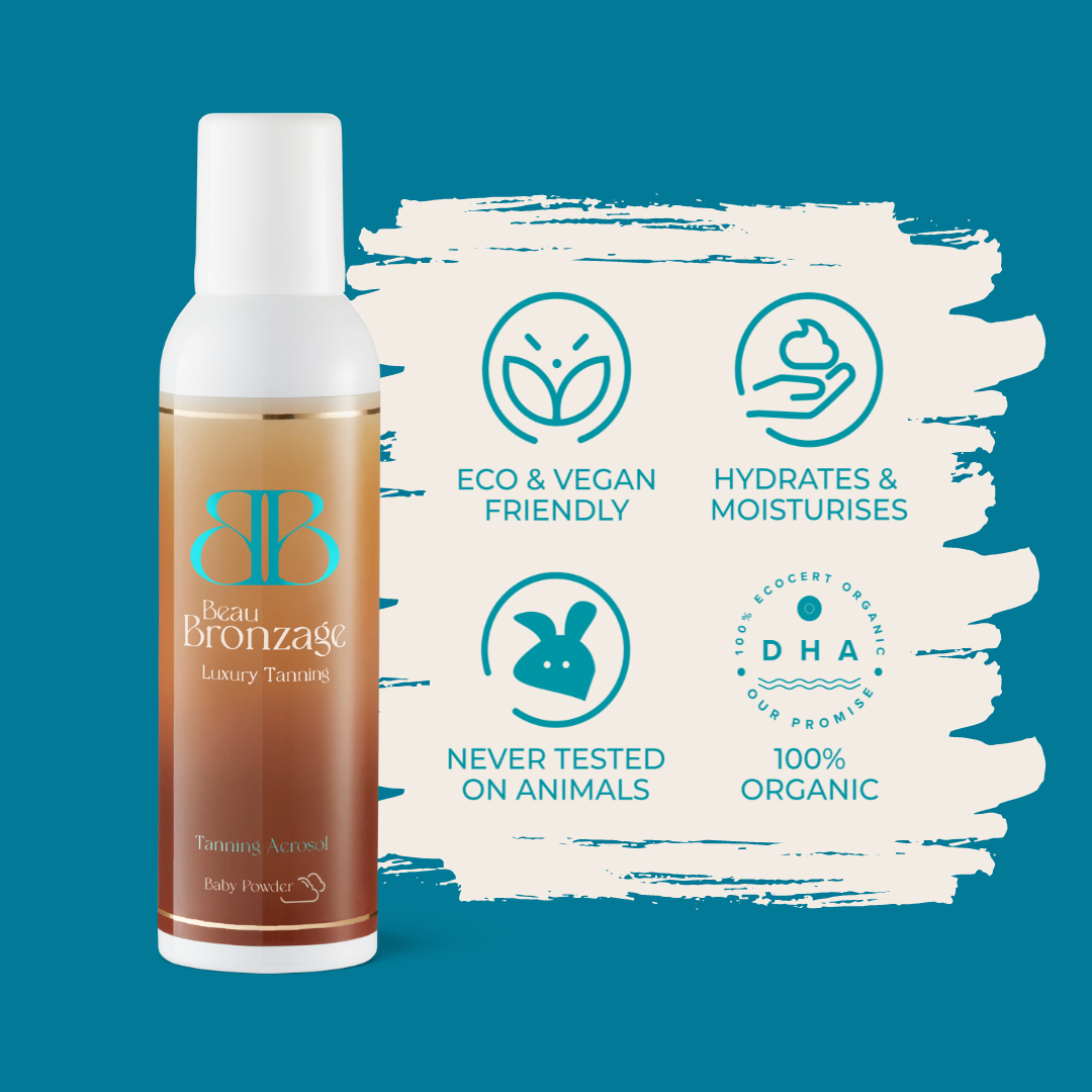 Beau Bronzage Tanning Mist next to icons showing that the product is eco and vegan friendly, hydrates and moisturises, used 100 percent organic DHA, and is never tested on animals