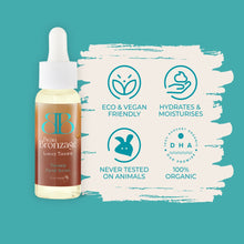 Beau Bronzage Tanning Facial Drops next to icons showing that the product is eco and vegan friendly, hydrates and moisturises, used 100 percent organic DHA, and is never tested on animals